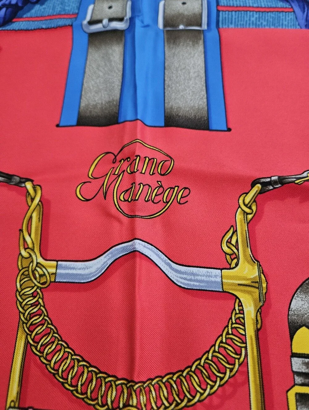 Hermes Red, Blue and Gold Equestrian Motif Silk Scarf 90X90cm  authentic